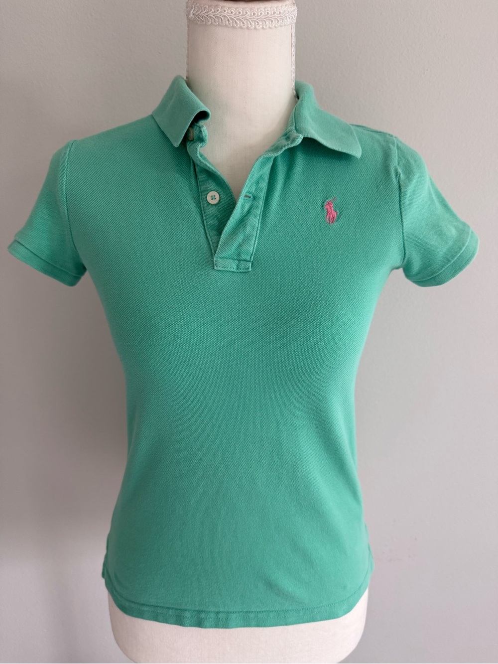 Ralph Lauren Girls Cotton Mesh Polo with Pink Pony Embroidery, Sunset Green, L